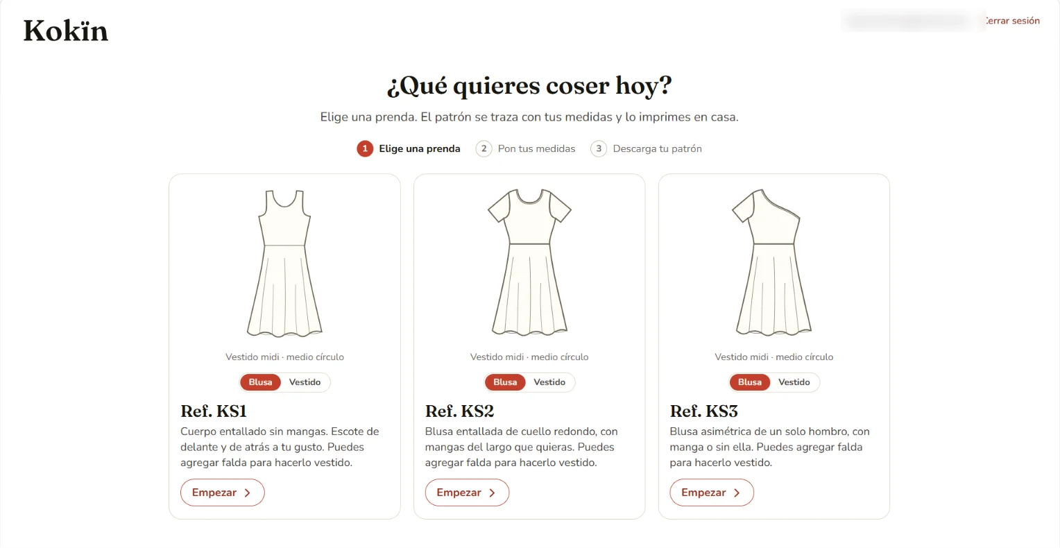 El inicio de la app de Kokïn: «¿Qué quieres coser hoy?», con las tarjetas del KS1, el KS2 y el KS3.