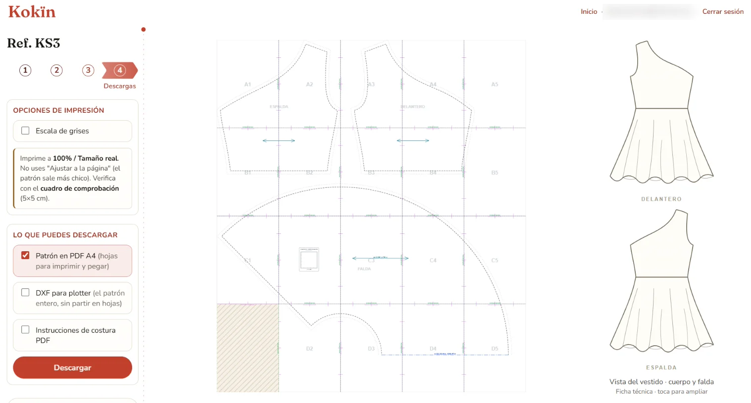 La app de Kokïn: la descarga del KS3 como vestido, con el patrón en hojas A4 y lo que se puede descargar.